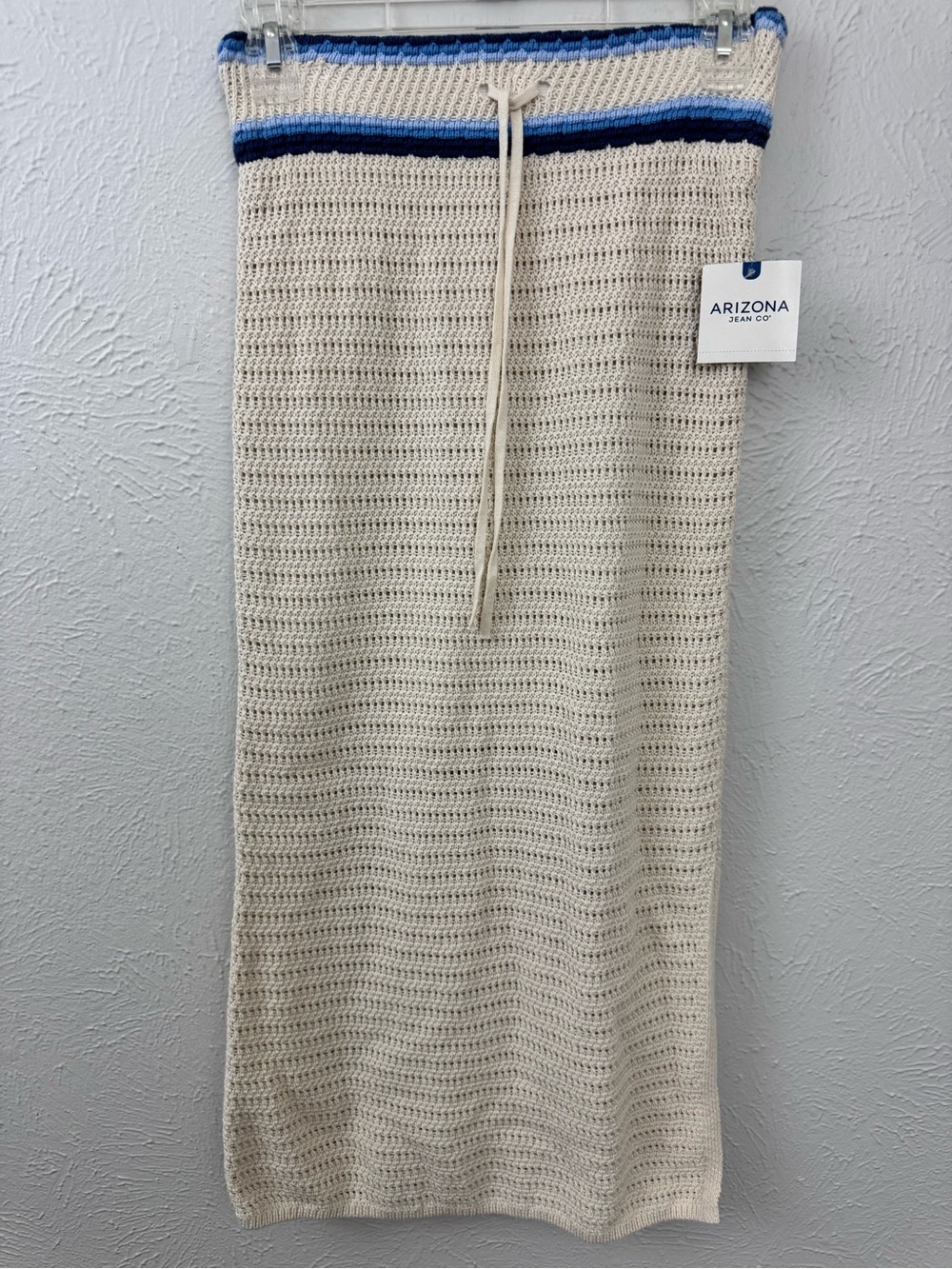 NWT Arizona Cream Crochet Maxi Skirt XS Blue Stripe Waist Open Knit Coastal